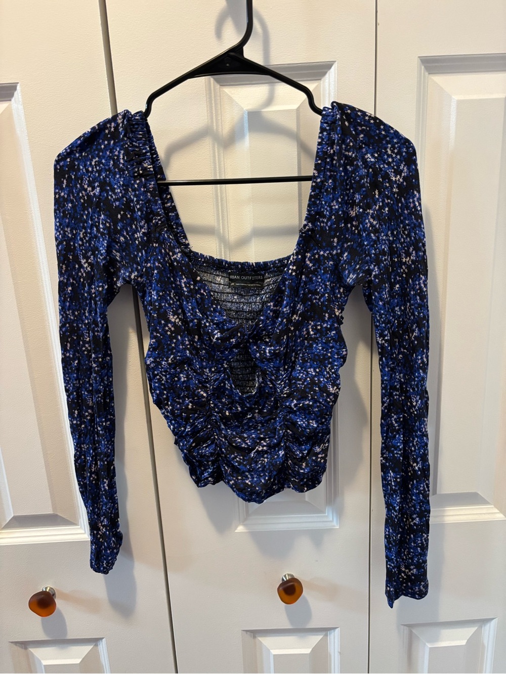 Urban Outfitters Blue Floral Ruched Long-Sleeve Top